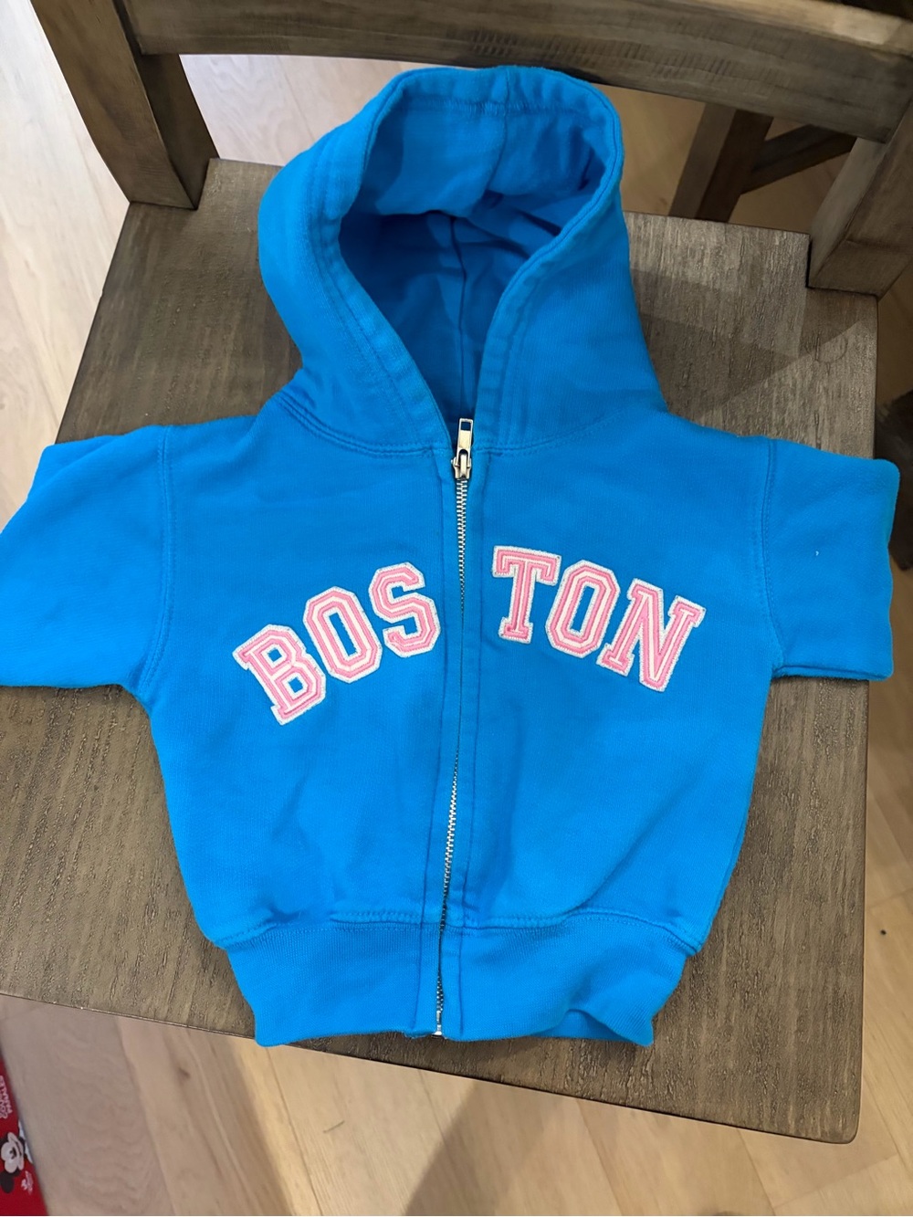 Kids Bright Blue Hooded Zip-Up Sweatshirt with Pink 'BOSTON' Lettering